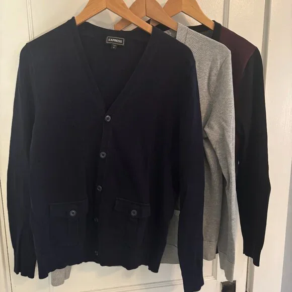 Three Express Men's Cardigans, Size Small, Gray, Navy, Black/Burgundy/Gray - Picture 2 of 7
